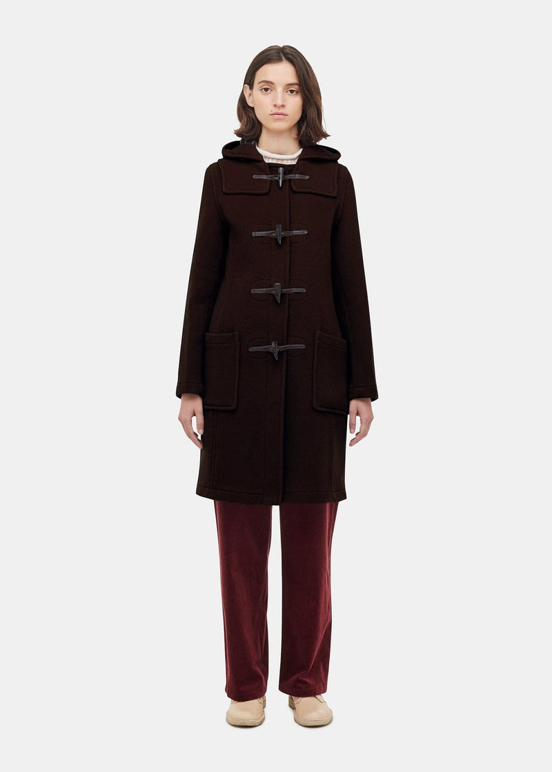 Women's Long Slim Fit Duffle Coat Brown Tartan